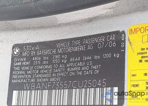 2007 BMW 530Xi z USA, uszkodzony, nr VIN WBANF73557CU25045